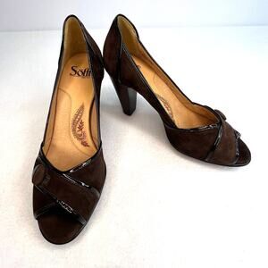 Sofft Womens Classic Pumps Size 7.5M Brown Suede Patent Leather Trim Peep Toe